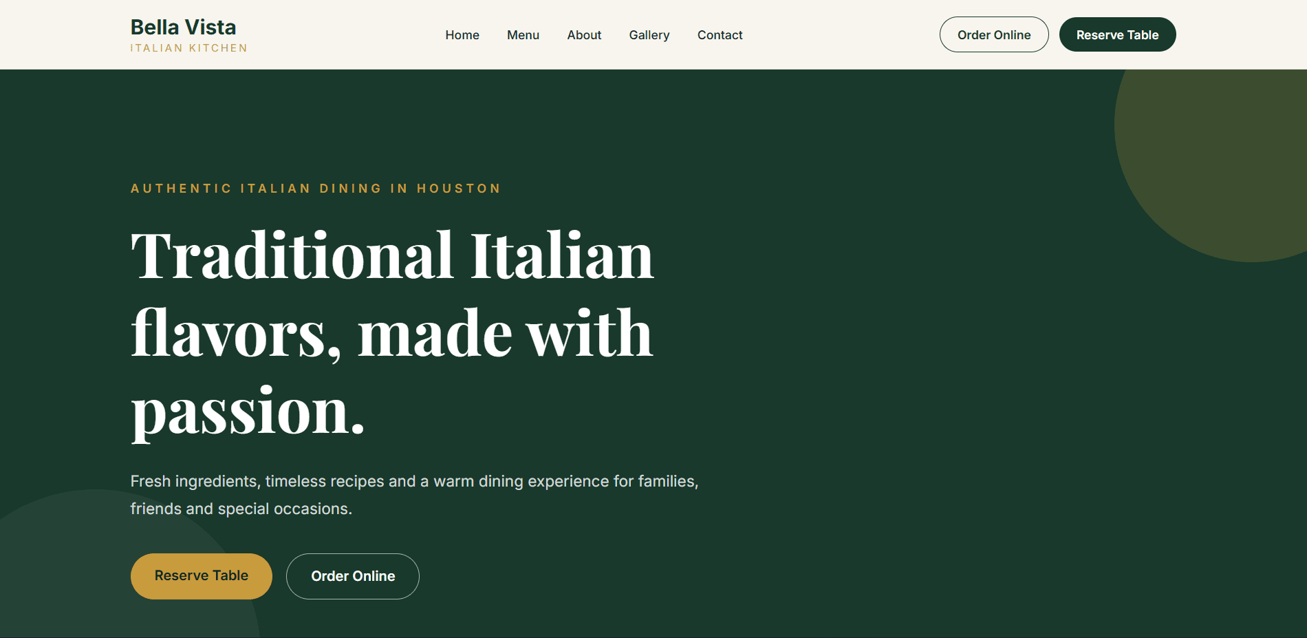 Bella Vista Italian Kitchen desktop website concept