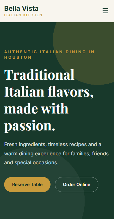 Bella Vista Italian Kitchen mobile website concept
